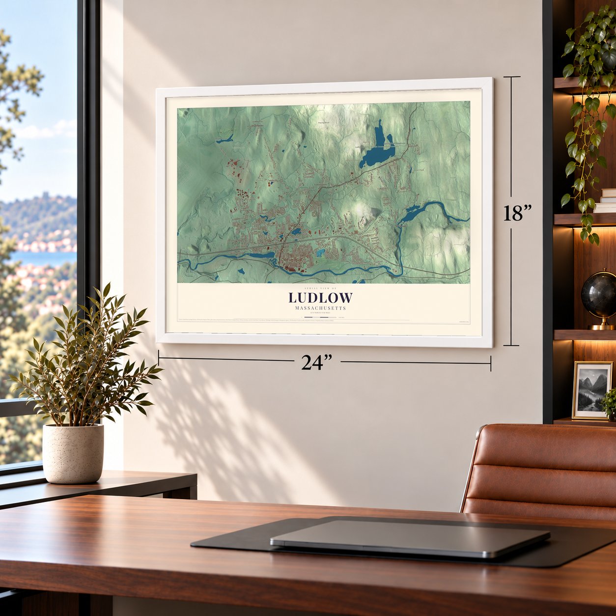Ludlow, Massachusetts map, 18 x 24 inch print in a white frame in a home office