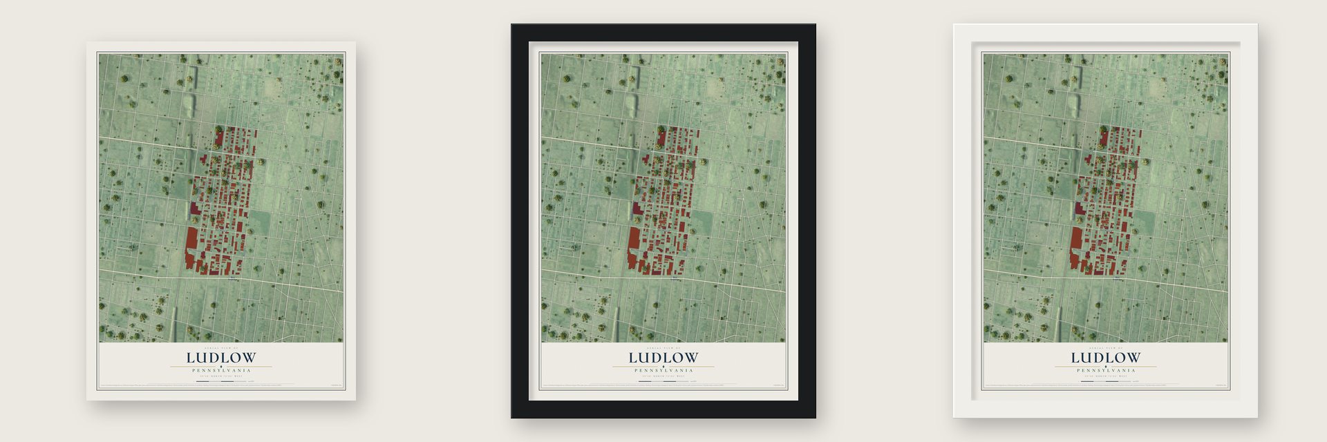 Ludlow, Pennsylvania map unframed, in a black wood frame and in a white wood frame