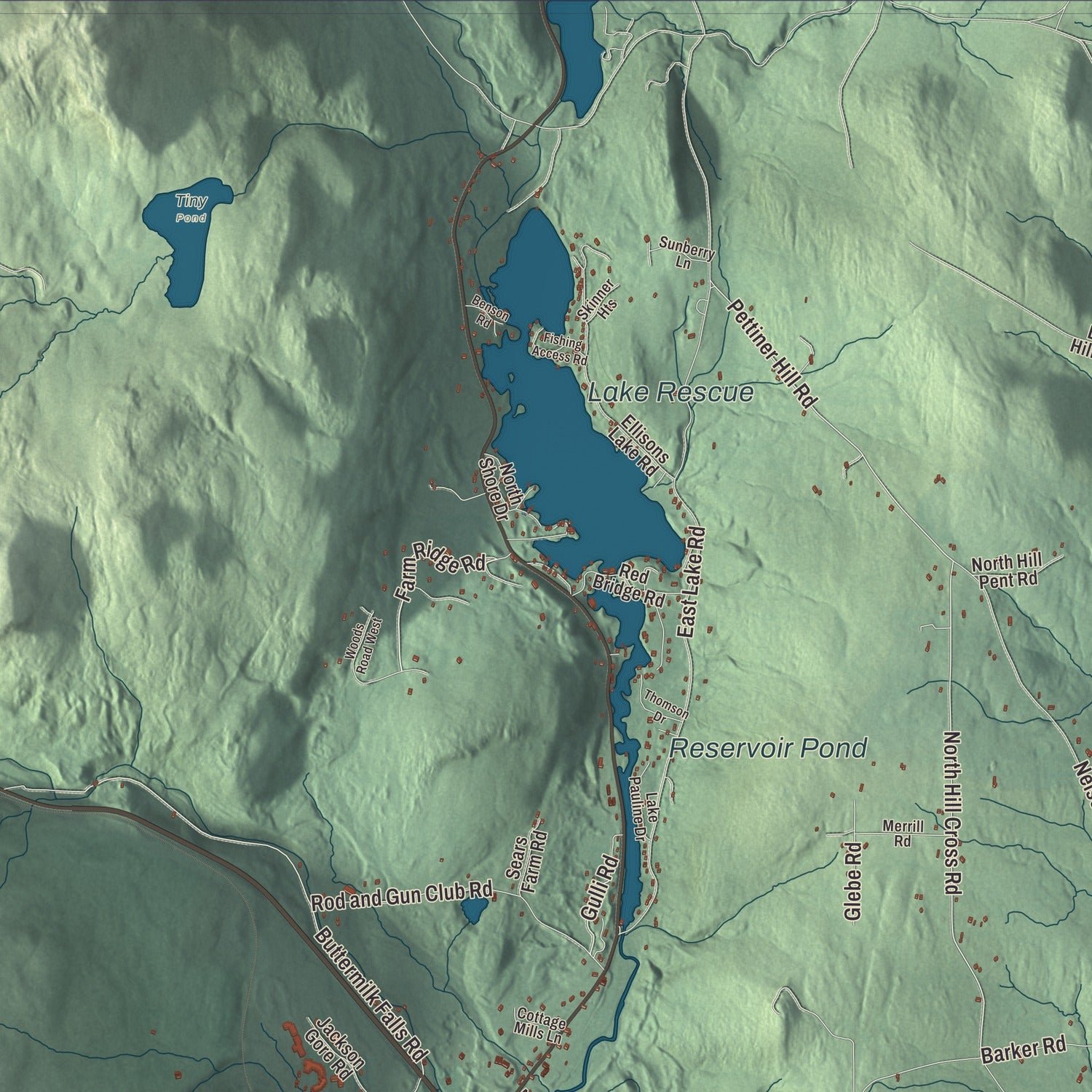 Close-up of the map of Ludlow, Vermont print showing terrain and local geography