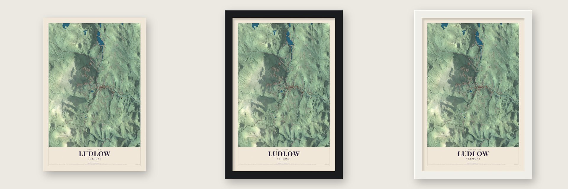 Ludlow, Vermont map unframed, in a black wood frame and in a white wood frame
