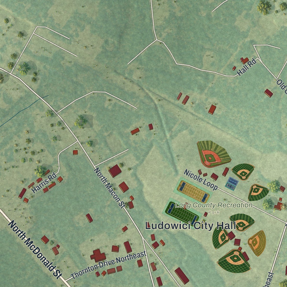 Second close-up of the map of Ludowici, Georgia print showing more streets and buildings