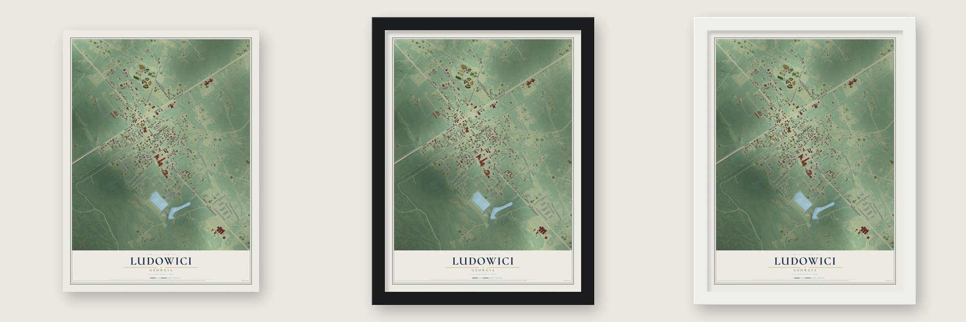 Ludowici, Georgia map unframed, in a black wood frame and in a white wood frame