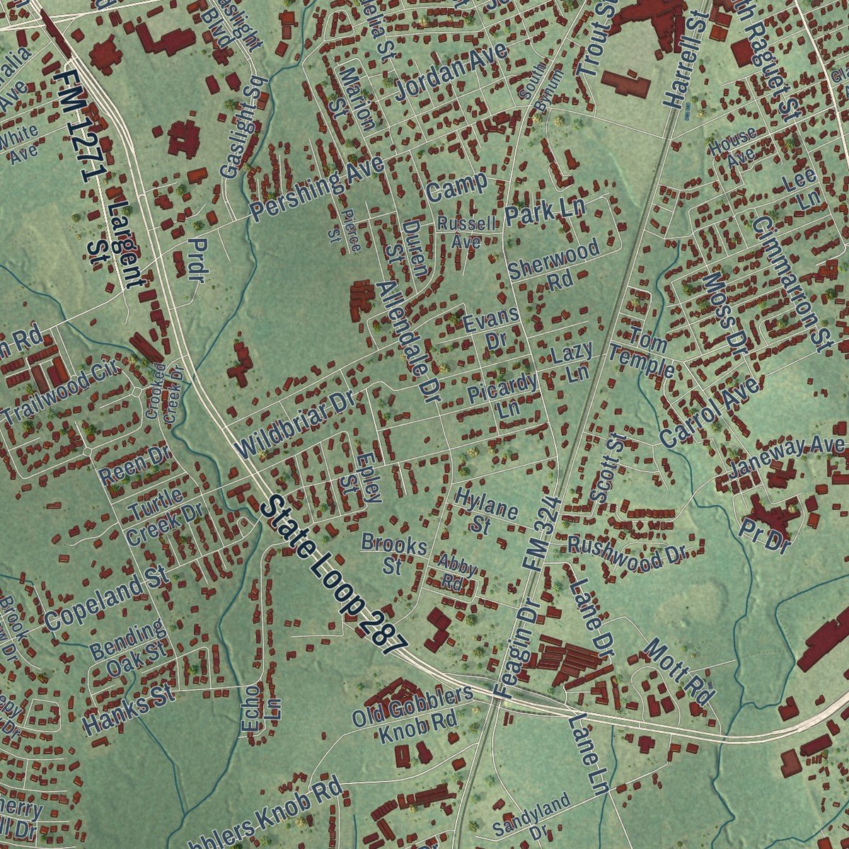 Second close-up of the map of Lufkin, Texas print showing more streets and buildings
