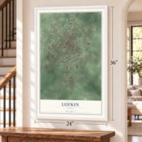 Lufkin, Texas map, 24 x 36 inch print in a white frame by a staircase