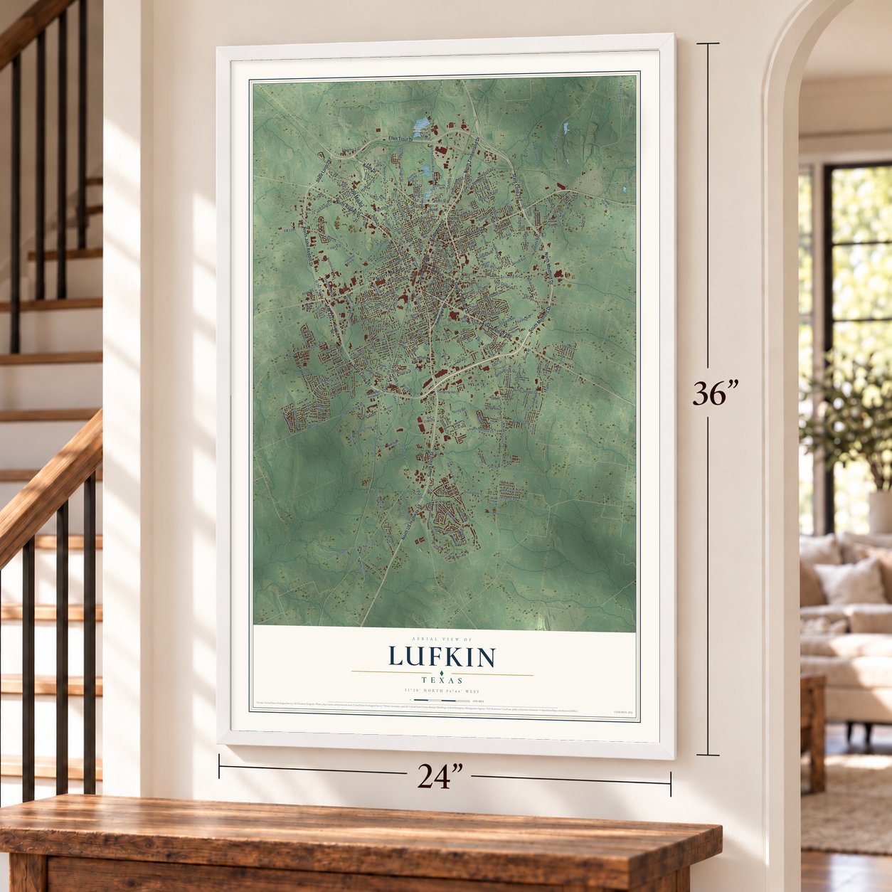 Lufkin, Texas map, 24 x 36 inch print in a white frame by a staircase