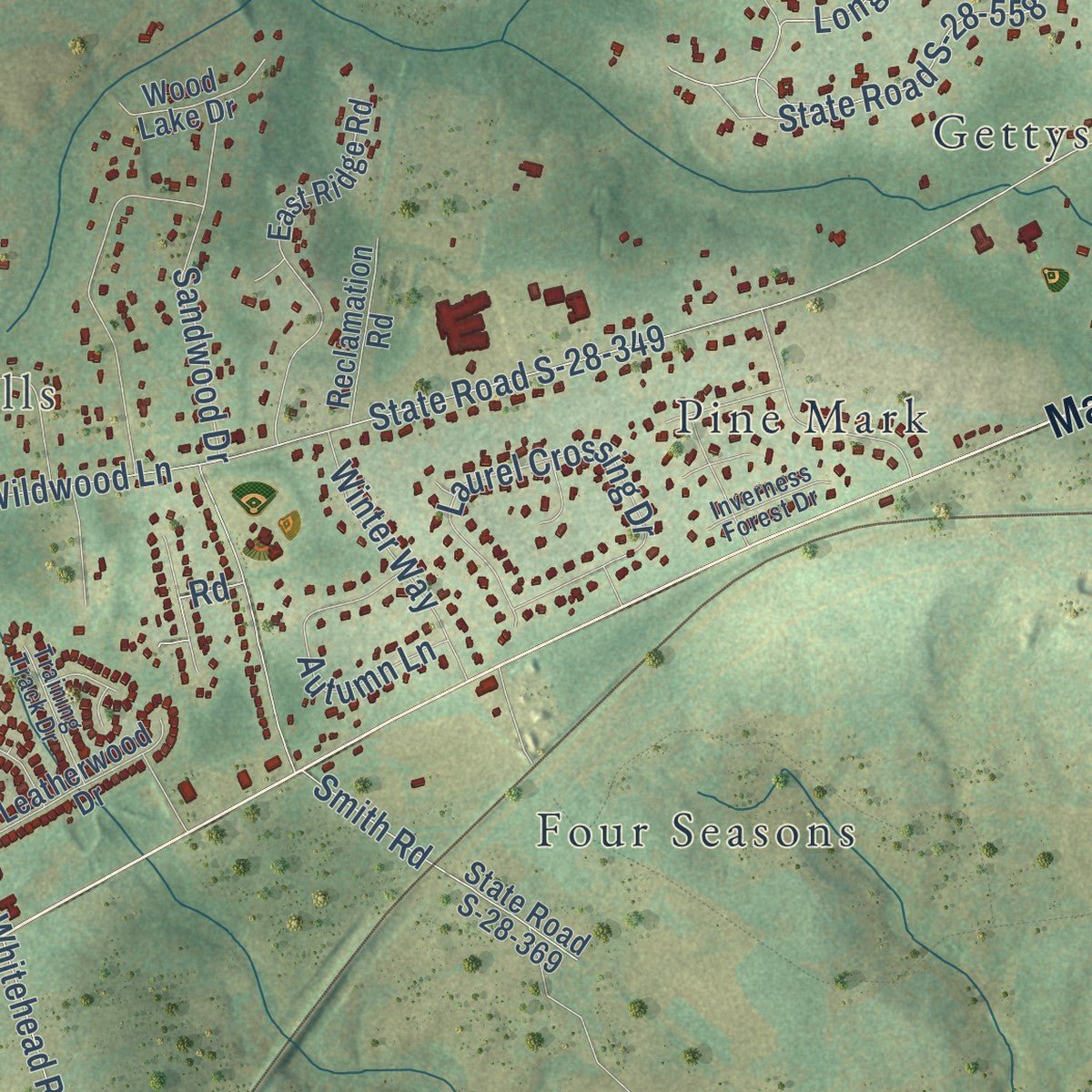 Second close-up of the map of Lugoff, South Carolina print showing more streets and buildings