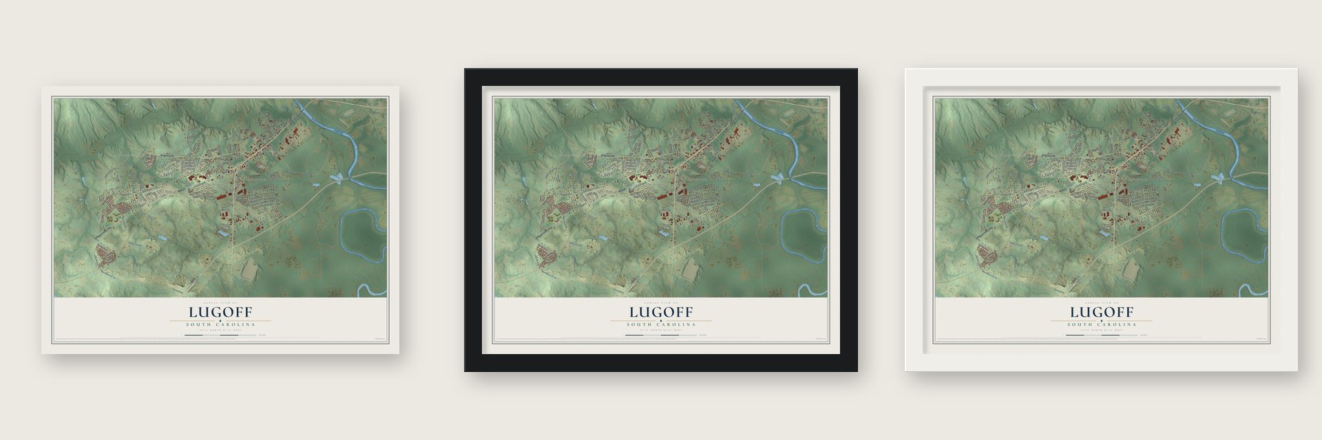 Lugoff, South Carolina map unframed, in a black wood frame and in a white wood frame