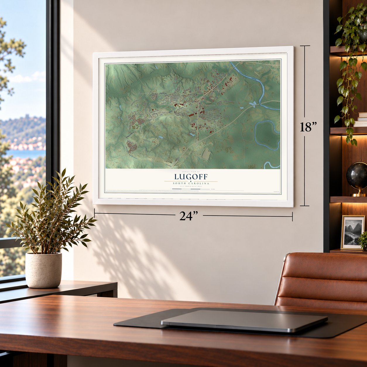 Lugoff, South Carolina map, 18 x 24 inch print in a white frame in a home office
