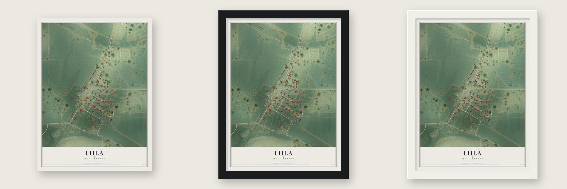 Lula, Mississippi map unframed, in a black wood frame and in a white wood frame