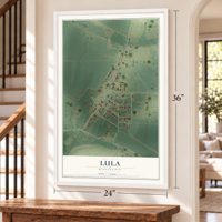 Lula, Mississippi map, 24 x 36 inch print in a white frame by a staircase