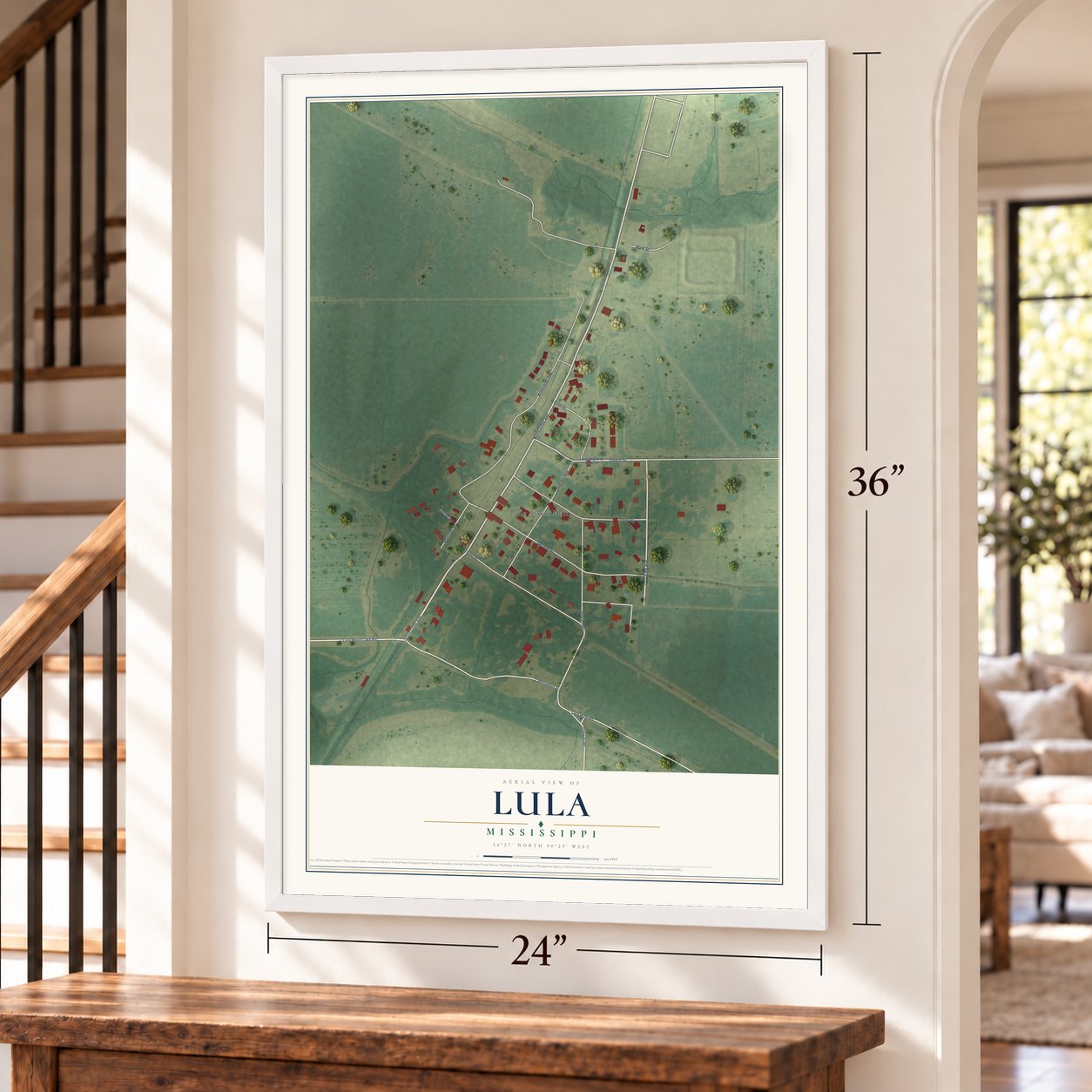 Lula, Mississippi map, 24 x 36 inch print in a white frame by a staircase