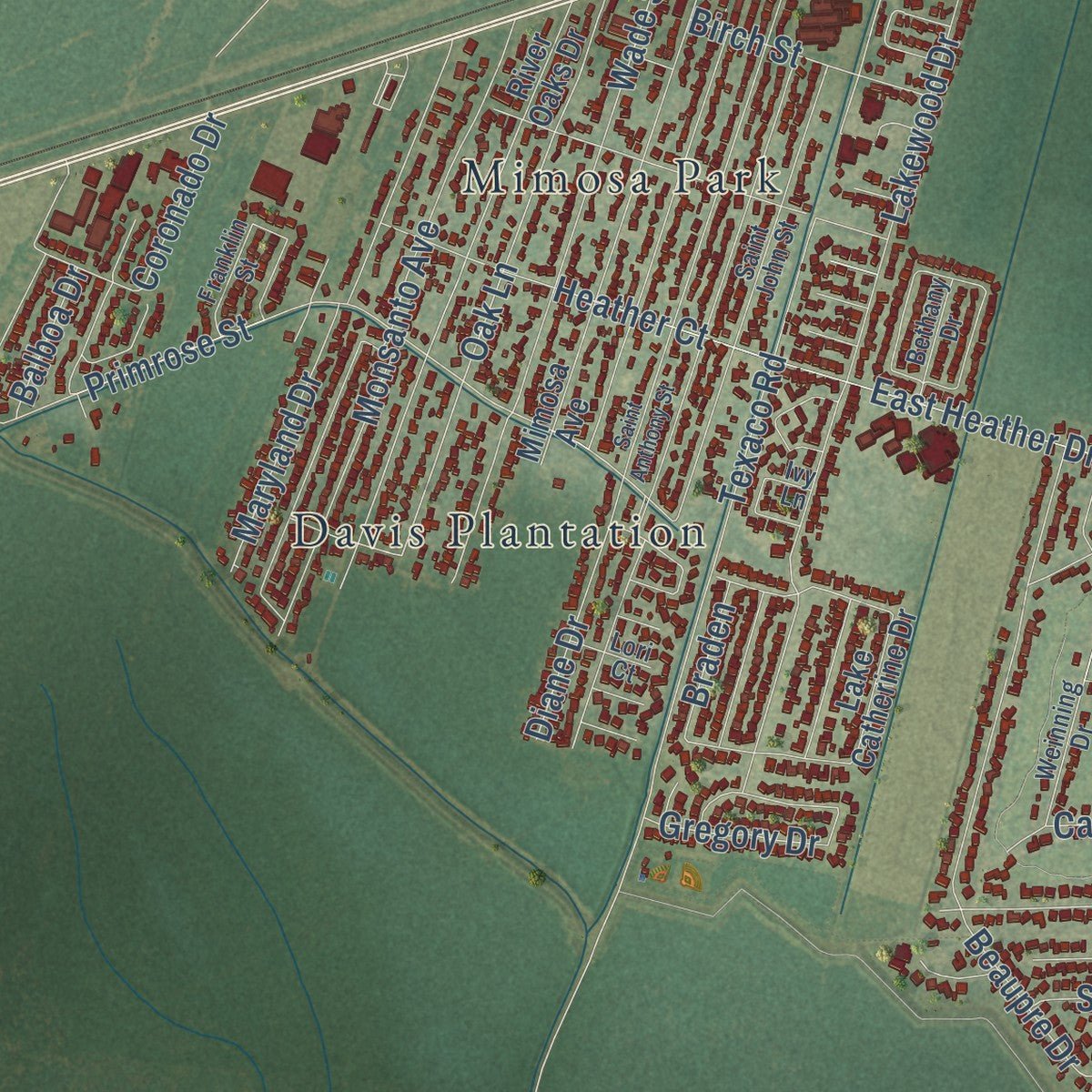 Second close-up of the map of Luling, Louisiana print showing more streets and buildings