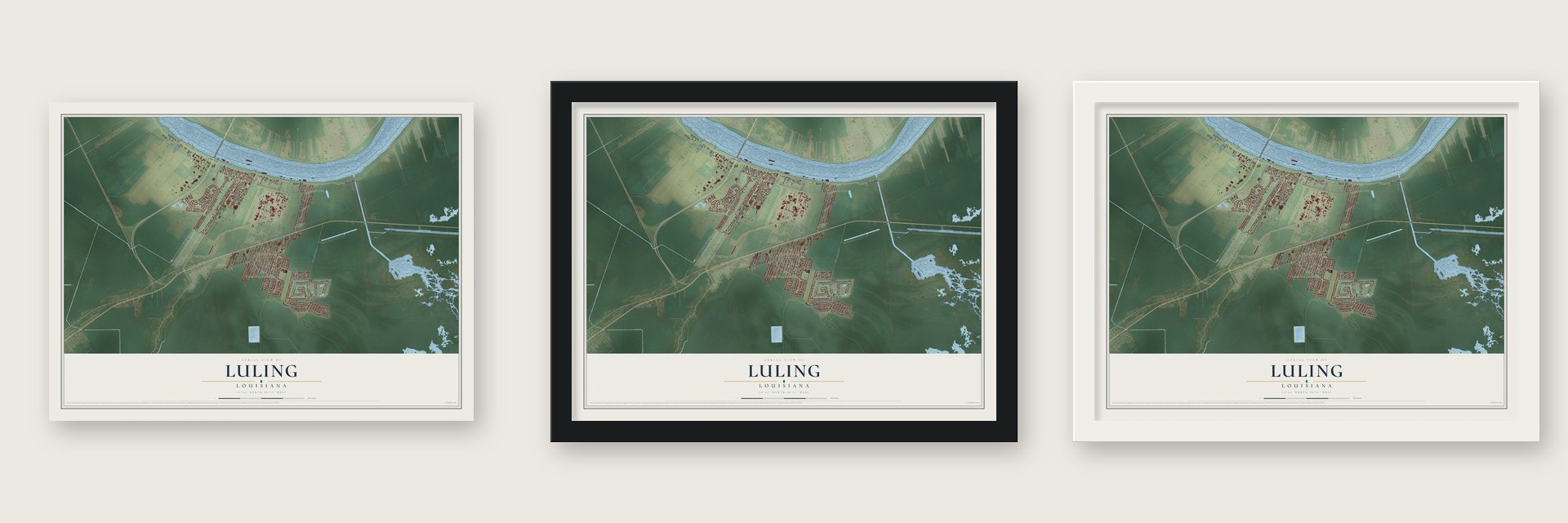 Luling, Louisiana map unframed, in a black wood frame and in a white wood frame