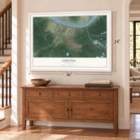 Luling, Louisiana map, 24 x 36 inch print in a white frame above a dresser by a staircase