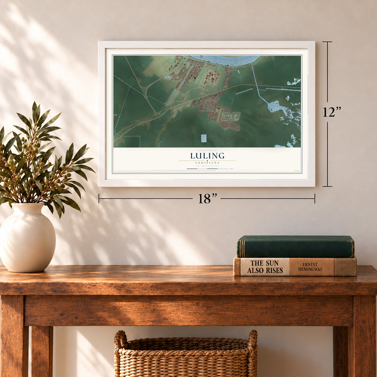 Luling, Louisiana map, 12 x 18 inch print in a white frame in an entryway