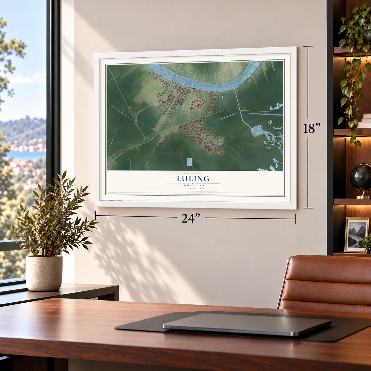 Luling, Louisiana map, 18 x 24 inch print in a white frame in a home office
