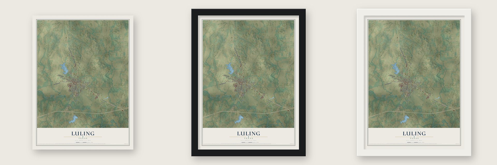 Luling, Texas map unframed, in a black wood frame and in a white wood frame