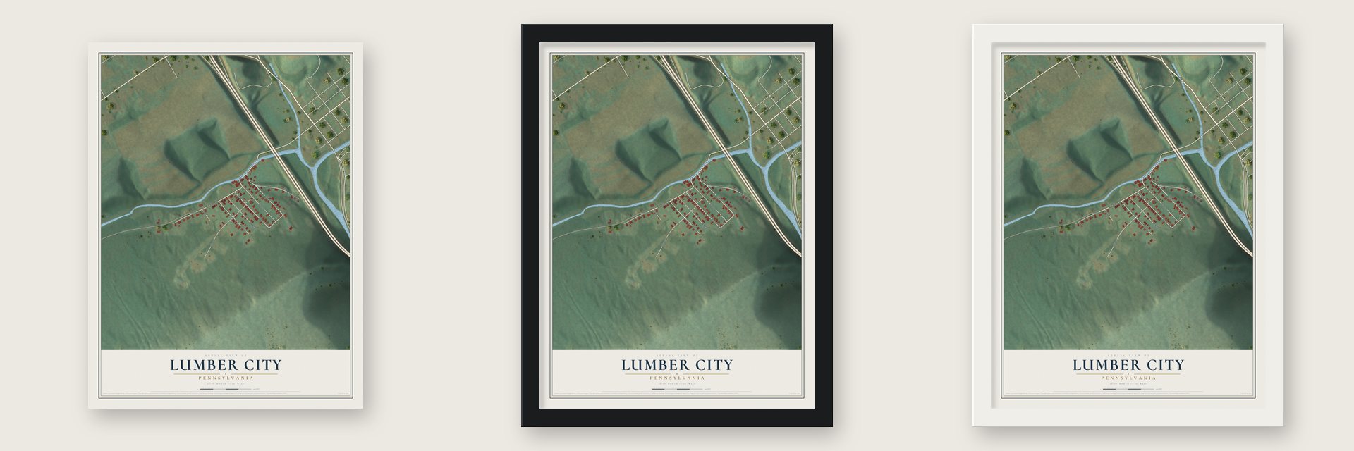 Lumber City, Pennsylvania map unframed, in a black wood frame and in a white wood frame