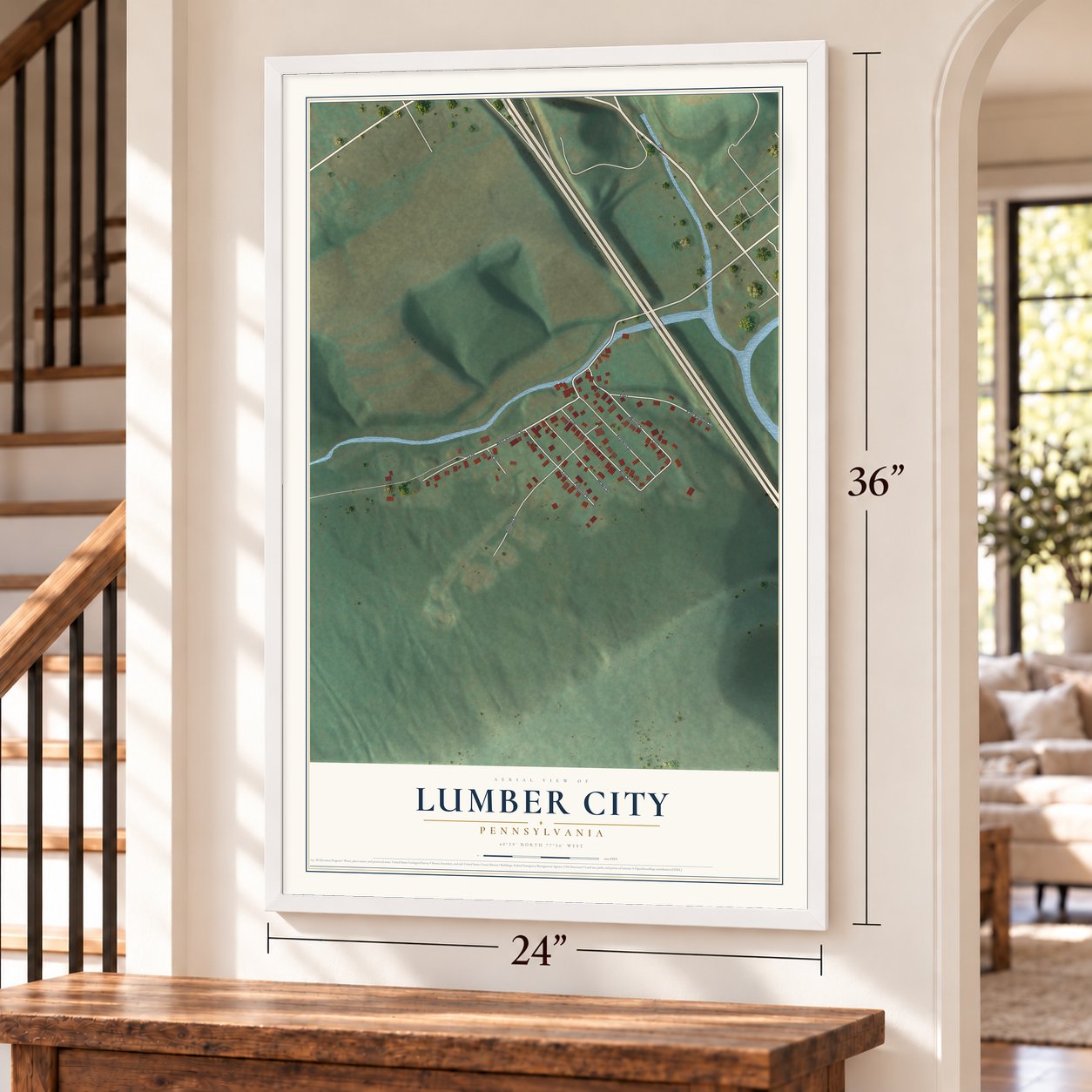 Lumber City, Pennsylvania map, 24 x 36 inch print in a white frame by a staircase