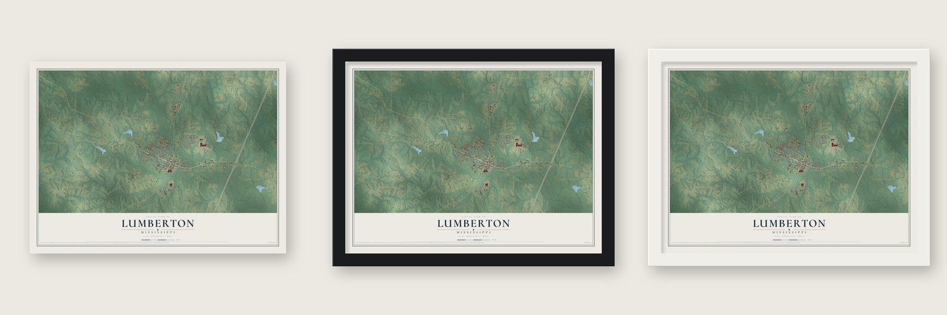 Lumberton, Mississippi map unframed, in a black wood frame and in a white wood frame