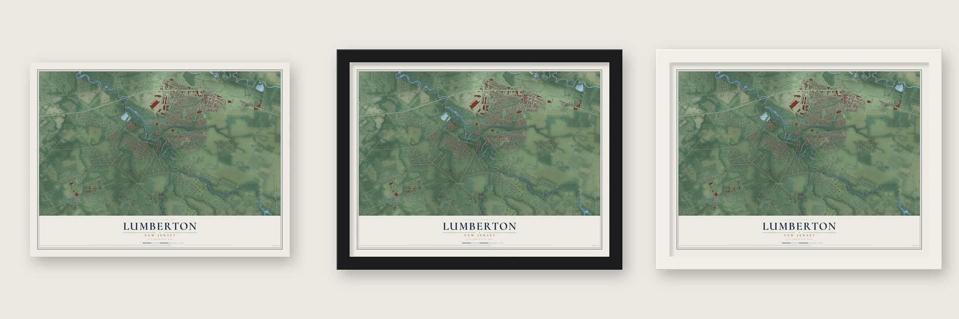 Lumberton, New Jersey map unframed, in a black wood frame and in a white wood frame