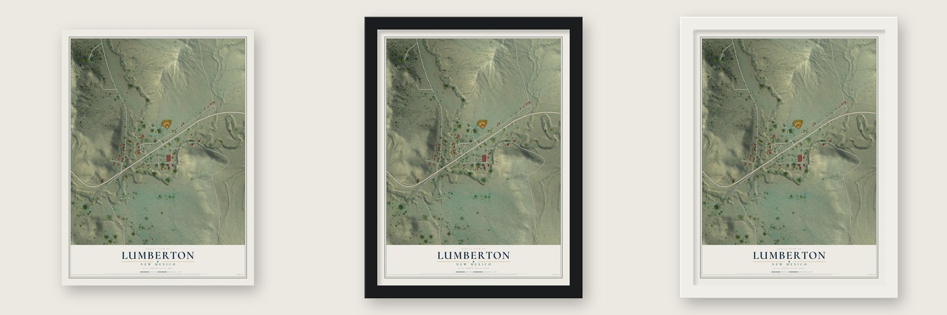 Lumberton, New Mexico map unframed, in a black wood frame and in a white wood frame