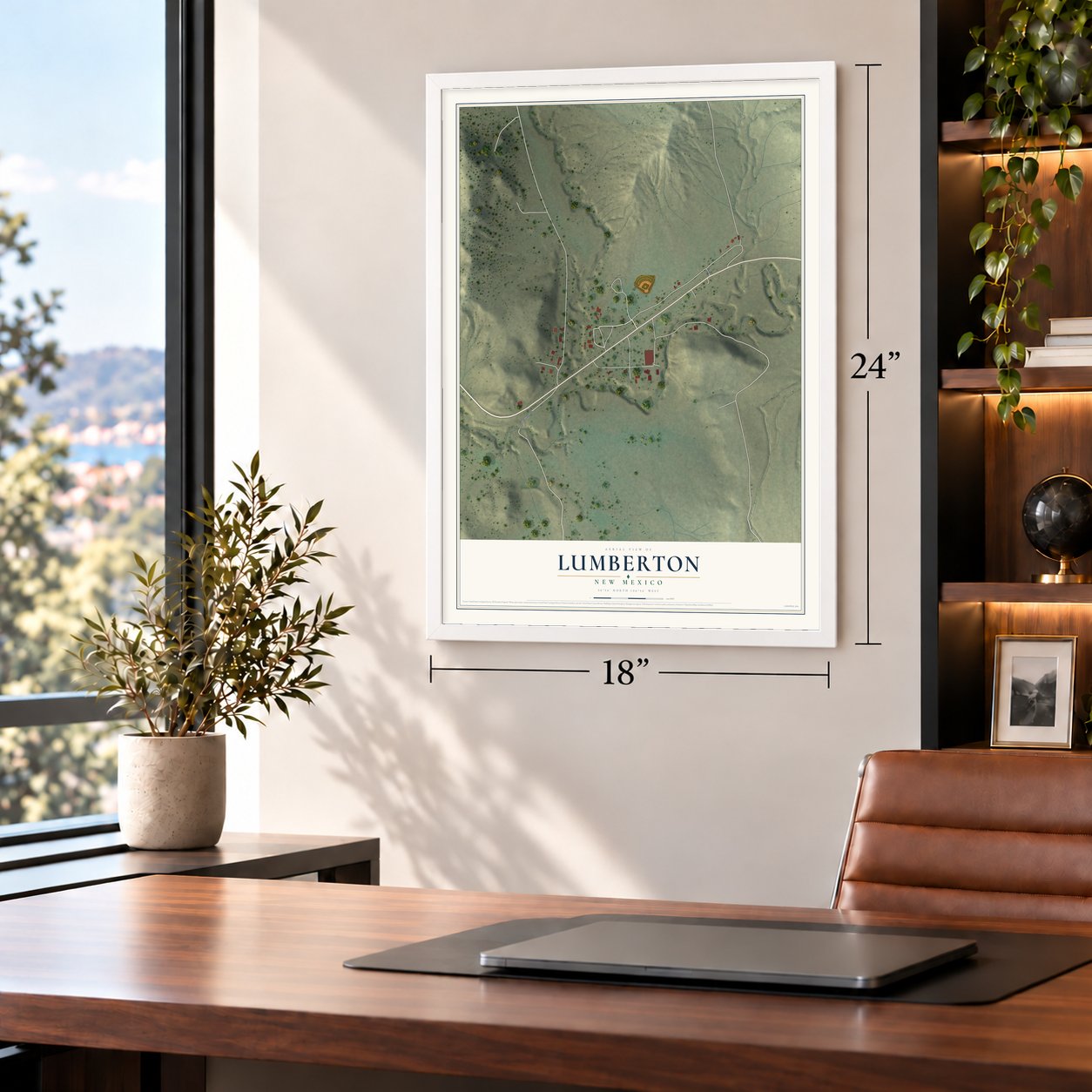 Lumberton, New Mexico map, 18 x 24 inch print in a white frame in a home office
