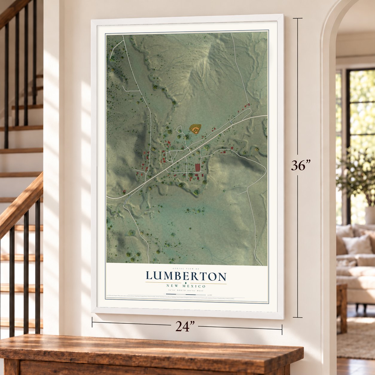 Lumberton, New Mexico map, 24 x 36 inch print in a white frame by a staircase