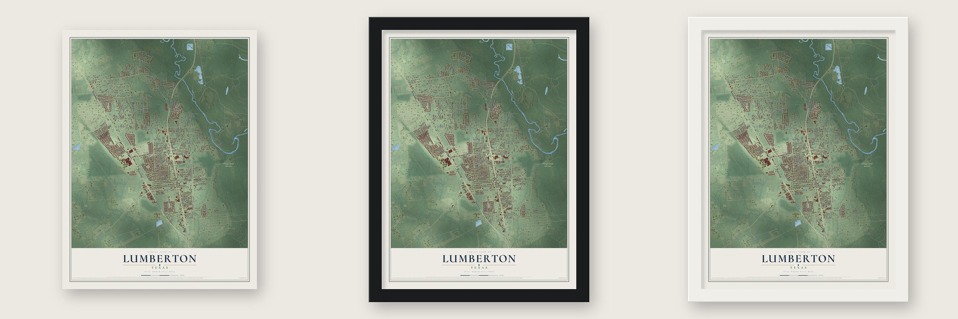 Lumberton, Texas map unframed, in a black wood frame and in a white wood frame