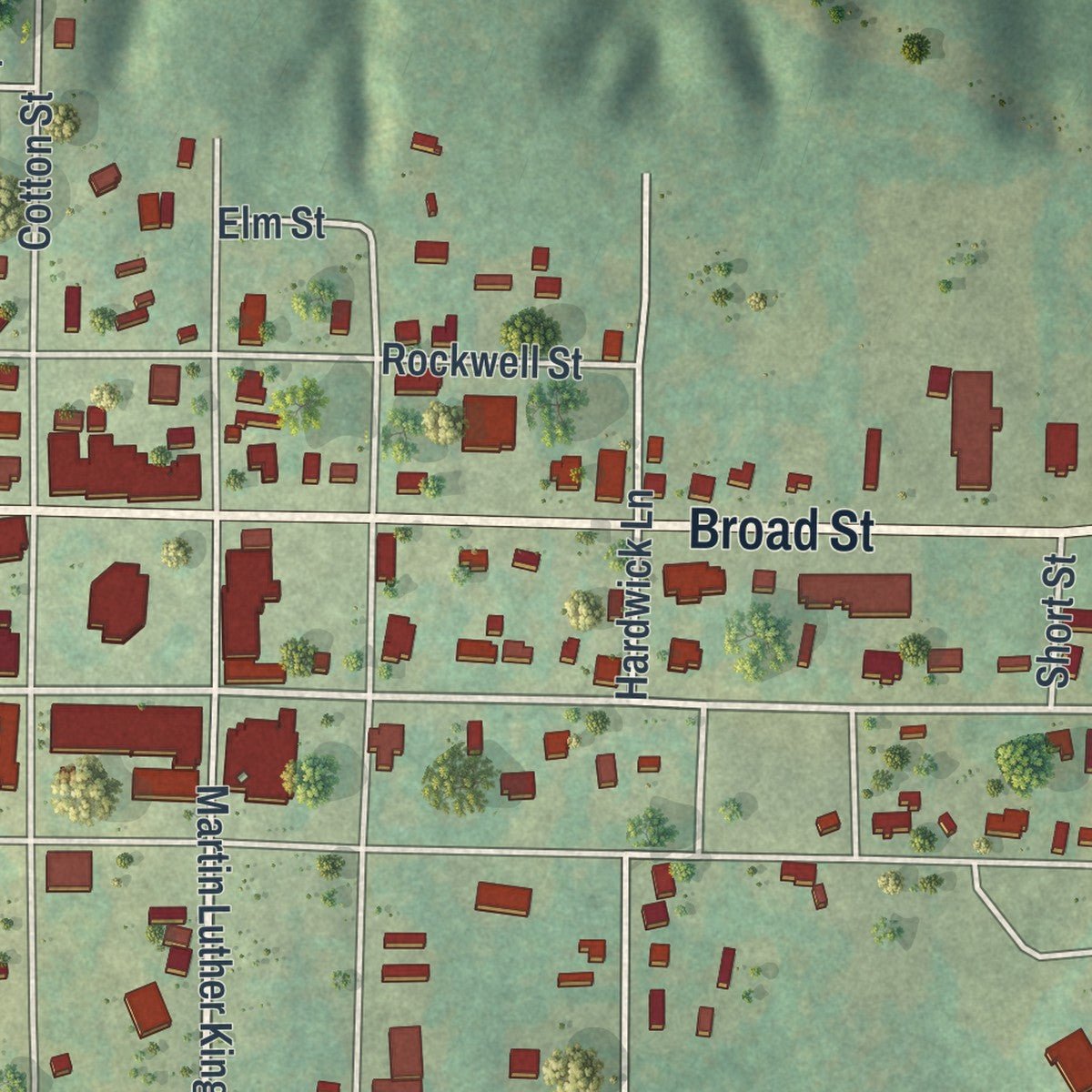 Second close-up of the map of Lumpkin, Georgia print showing more streets and buildings