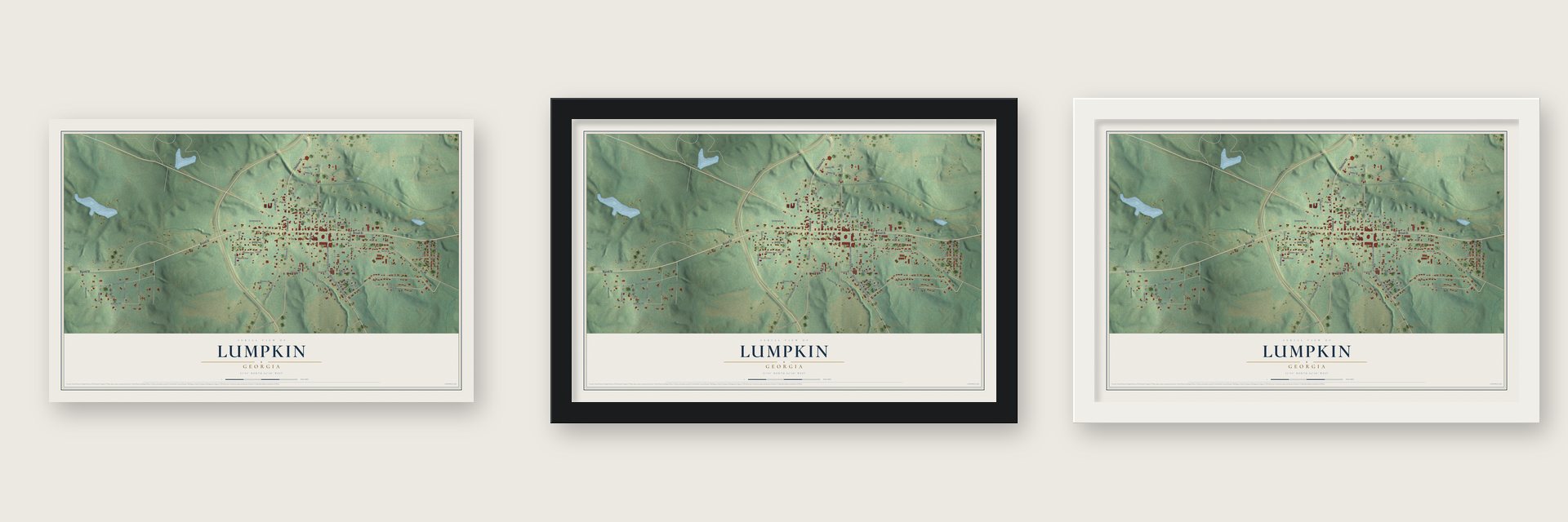 Lumpkin, Georgia map unframed, in a black wood frame and in a white wood frame
