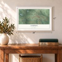Lumpkin, Georgia map, 12 x 18 inch print in a white frame in an entryway