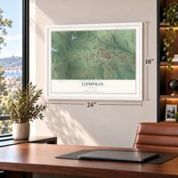Lumpkin, Georgia map, 18 x 24 inch print in a white frame in a home office
