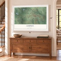 Lumpkin, Georgia map, 24 x 36 inch print in a white frame above a dresser by a staircase