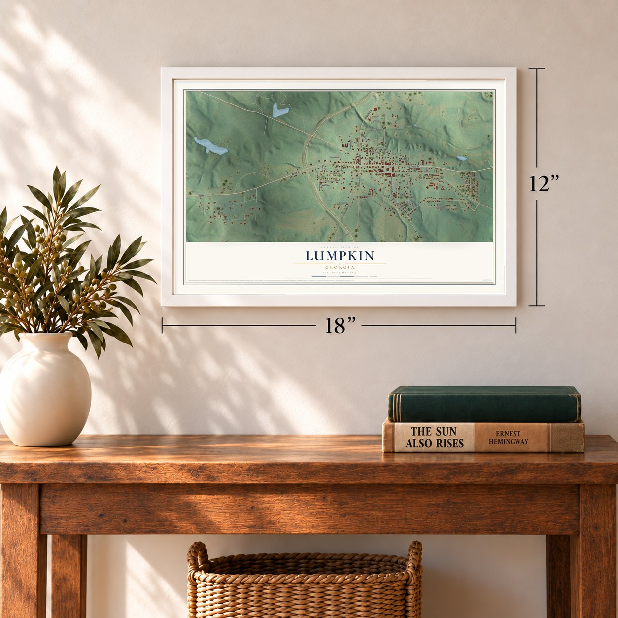 Lumpkin, Georgia map, 12 x 18 inch print in a white frame in an entryway