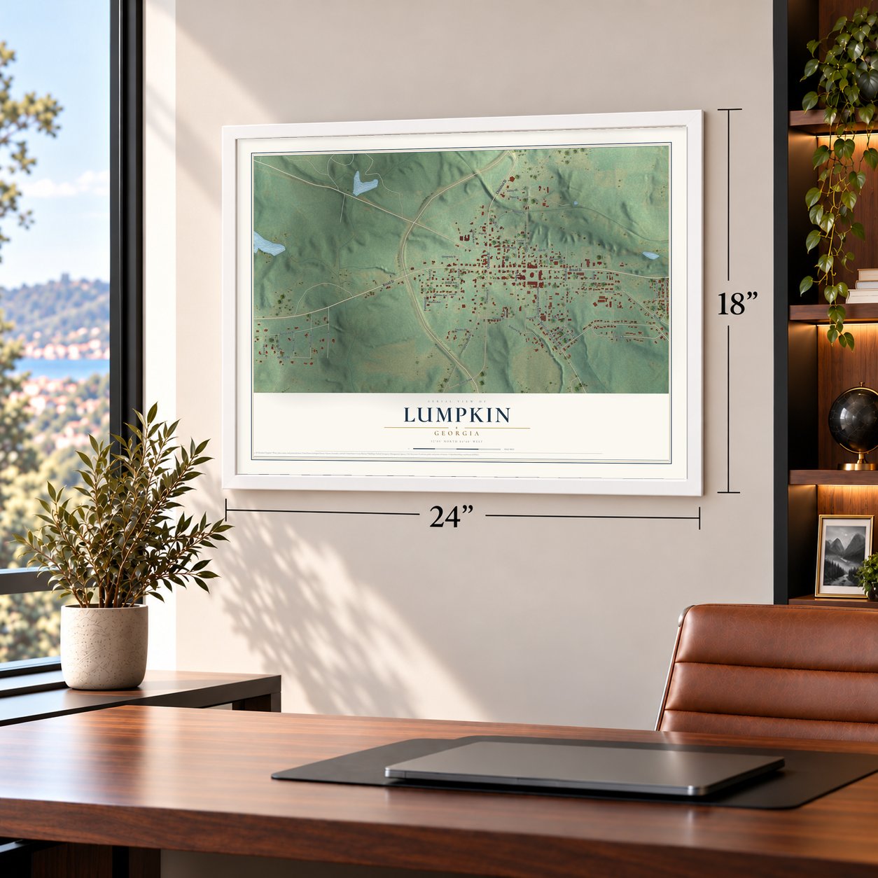 Lumpkin, Georgia map, 18 x 24 inch print in a white frame in a home office