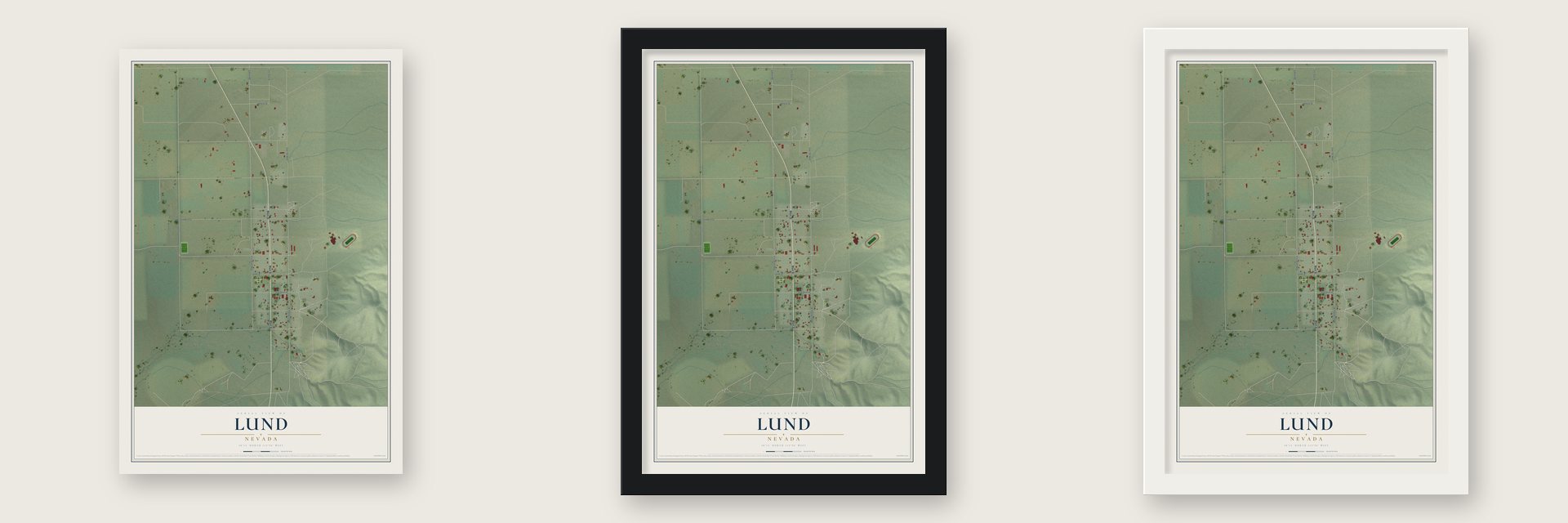 Lund, Nevada map unframed, in a black wood frame and in a white wood frame