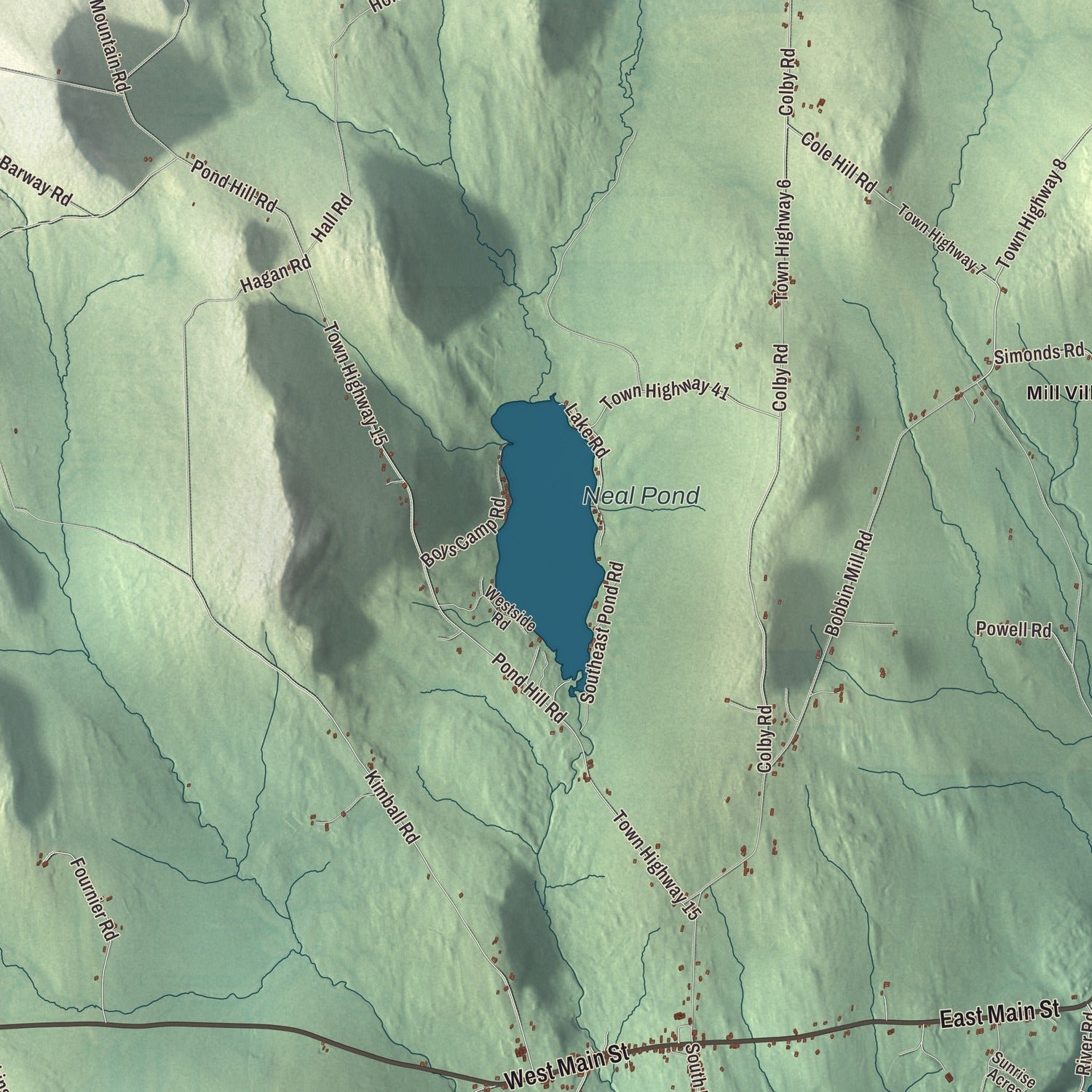 Close-up of the map of Lunenburg, Vermont print showing terrain and local geography