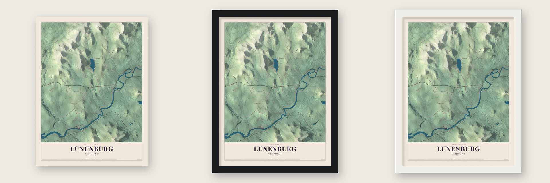 Lunenburg, Vermont map unframed, in a black wood frame and in a white wood frame