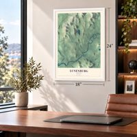 Lunenburg, Vermont map, 18 x 24 inch print in a white frame in a home office