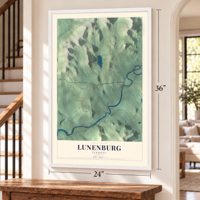 Lunenburg, Vermont map, 24 x 36 inch print in a white frame by a staircase