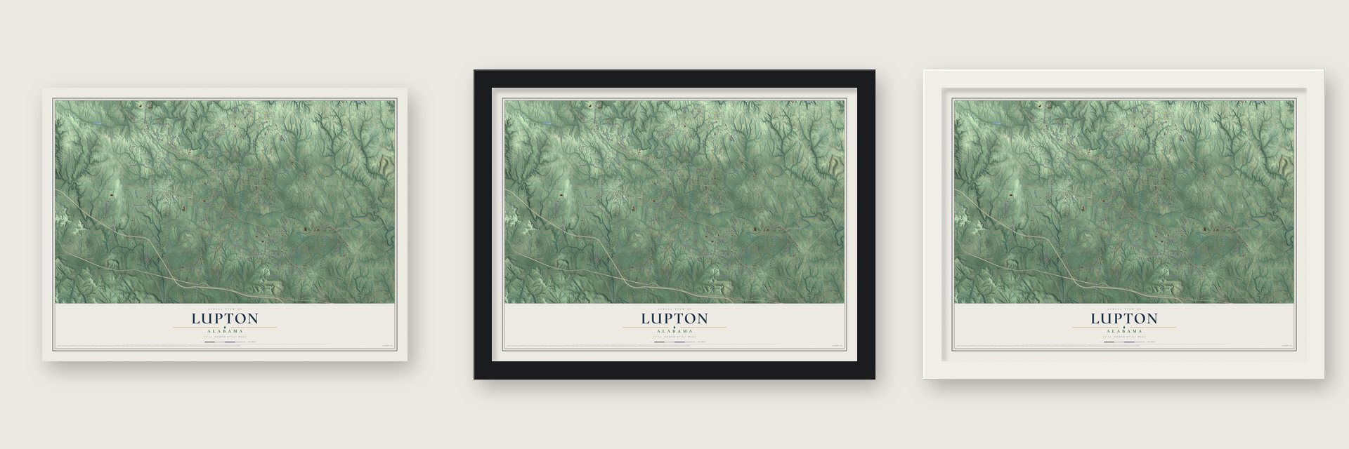 Lupton, Alabama map unframed, in a black wood frame and in a white wood frame