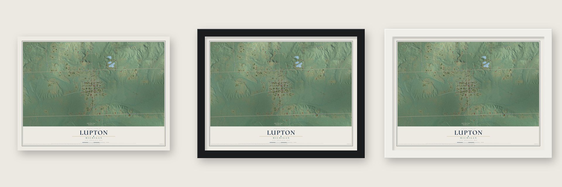 Lupton, Michigan map unframed, in a black wood frame and in a white wood frame