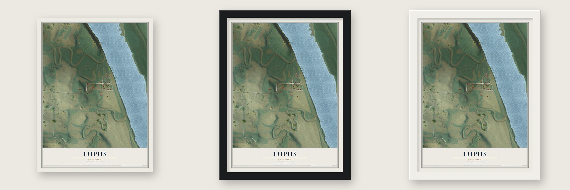 Lupus, Missouri map unframed, in a black wood frame and in a white wood frame
