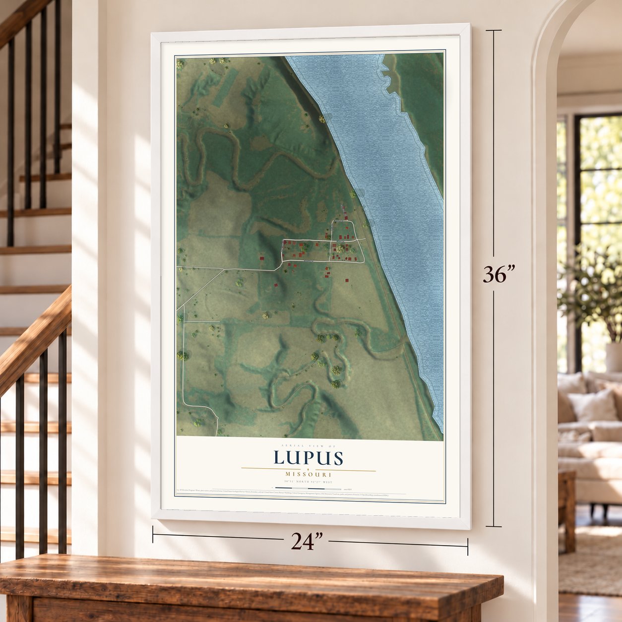 Lupus, Missouri map, 24 x 36 inch print in a white frame by a staircase