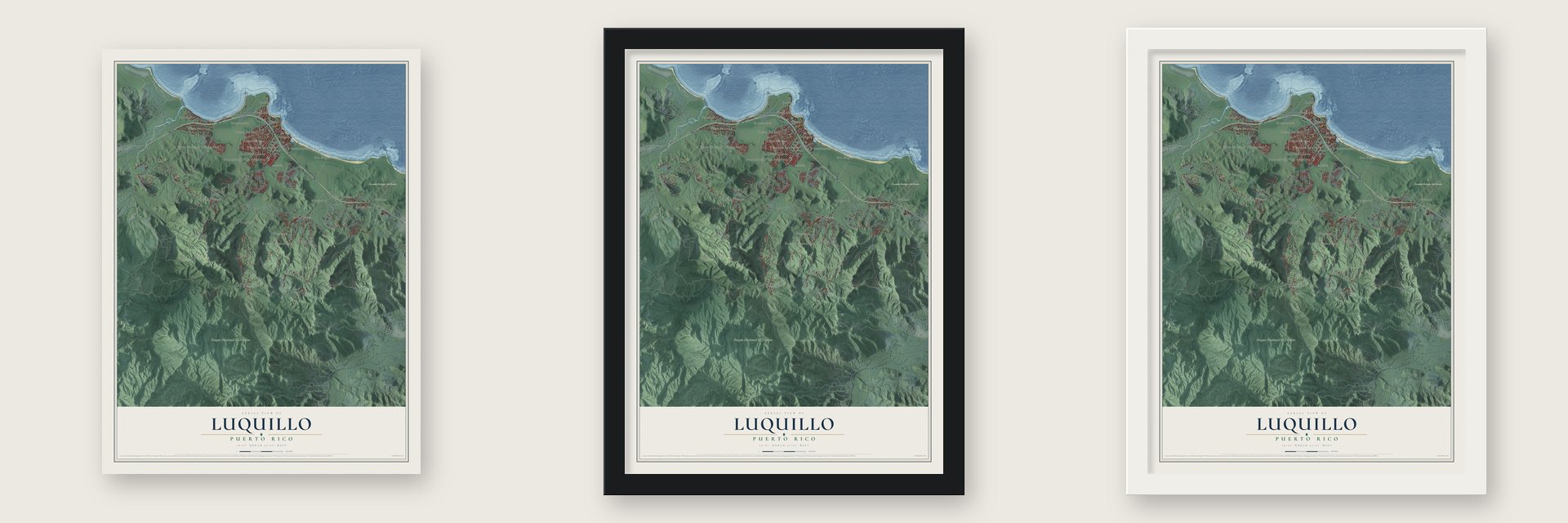 Luquillo, Puerto Rico map unframed, in a black wood frame and in a white wood frame