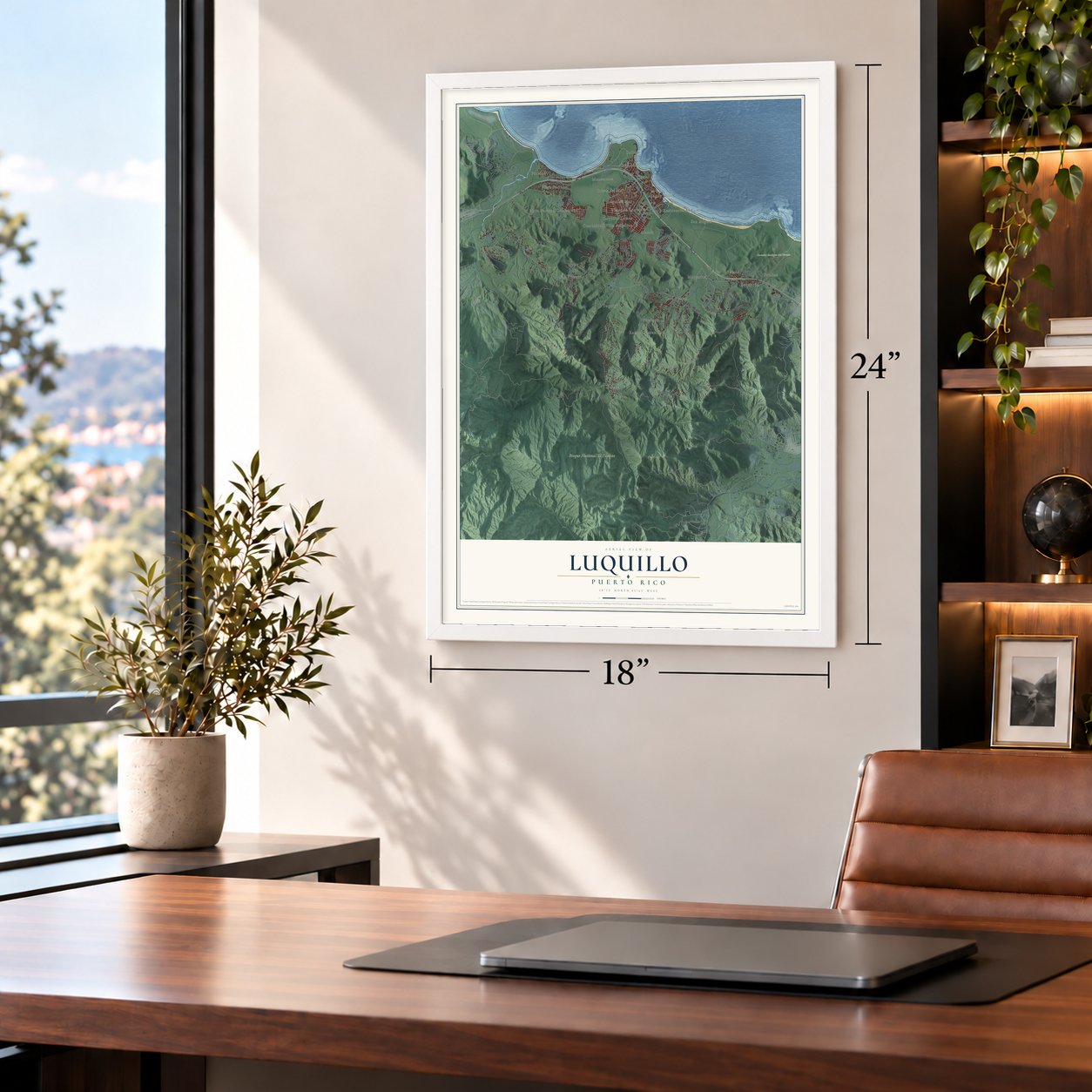 Luquillo, Puerto Rico map, 18 x 24 inch print in a white frame in a home office