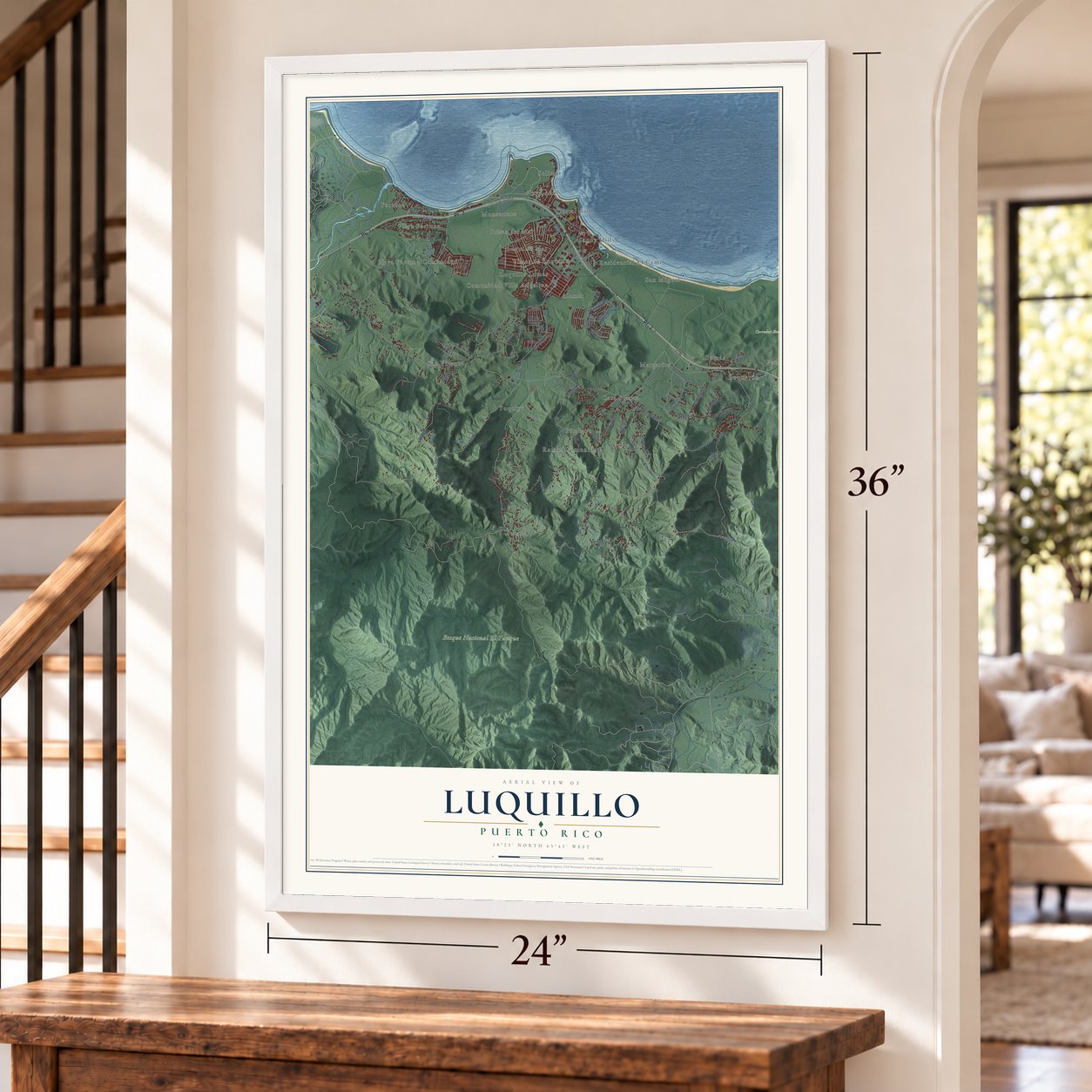 Luquillo, Puerto Rico map, 24 x 36 inch print in a white frame by a staircase