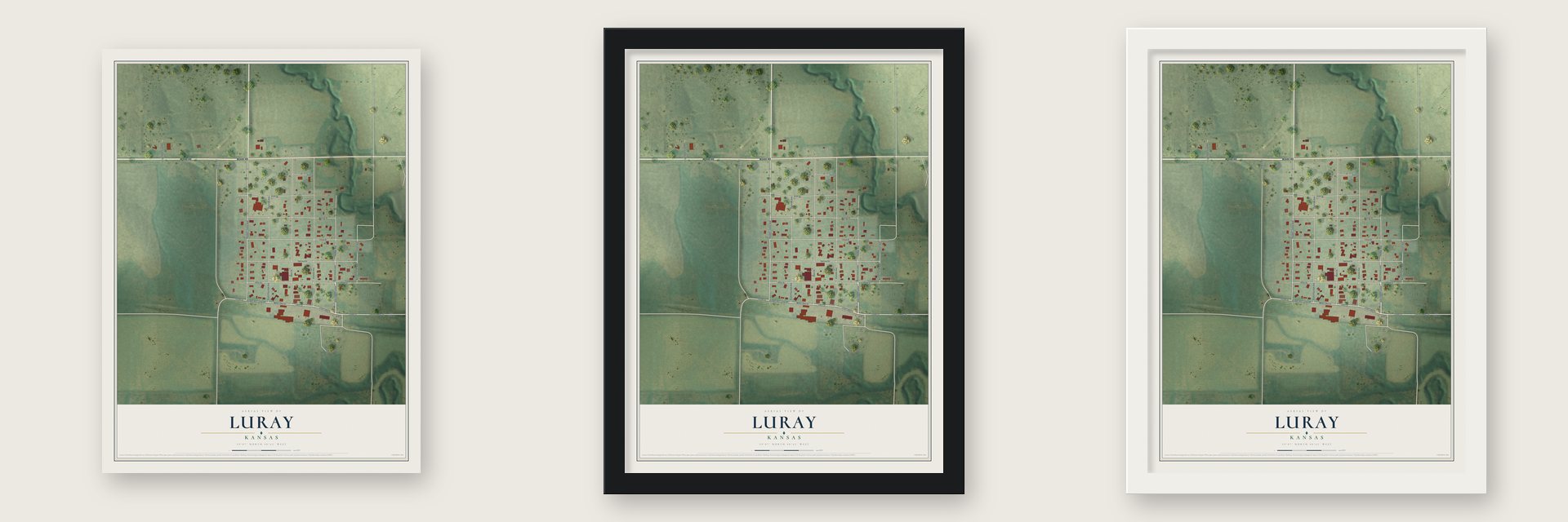 Luray, Kansas map unframed, in a black wood frame and in a white wood frame