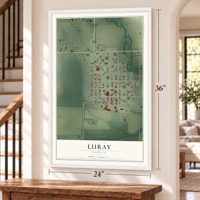 Luray, Kansas map, 24 x 36 inch print in a white frame by a staircase